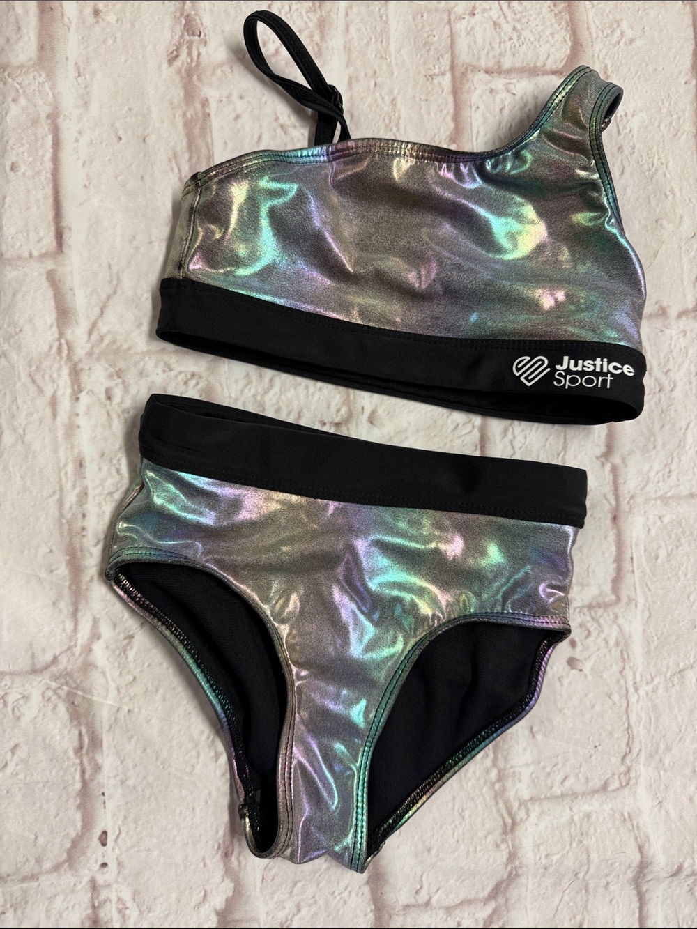 Justice Iridescent Shell Two-Piece Swim Set with Black Trim